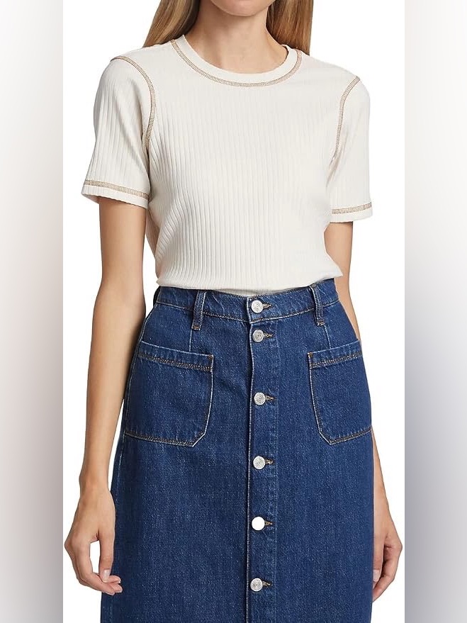 Frame Contrast Stitch Ribbed Crop Top Bone Cream Rib Knit Tee Women Size S